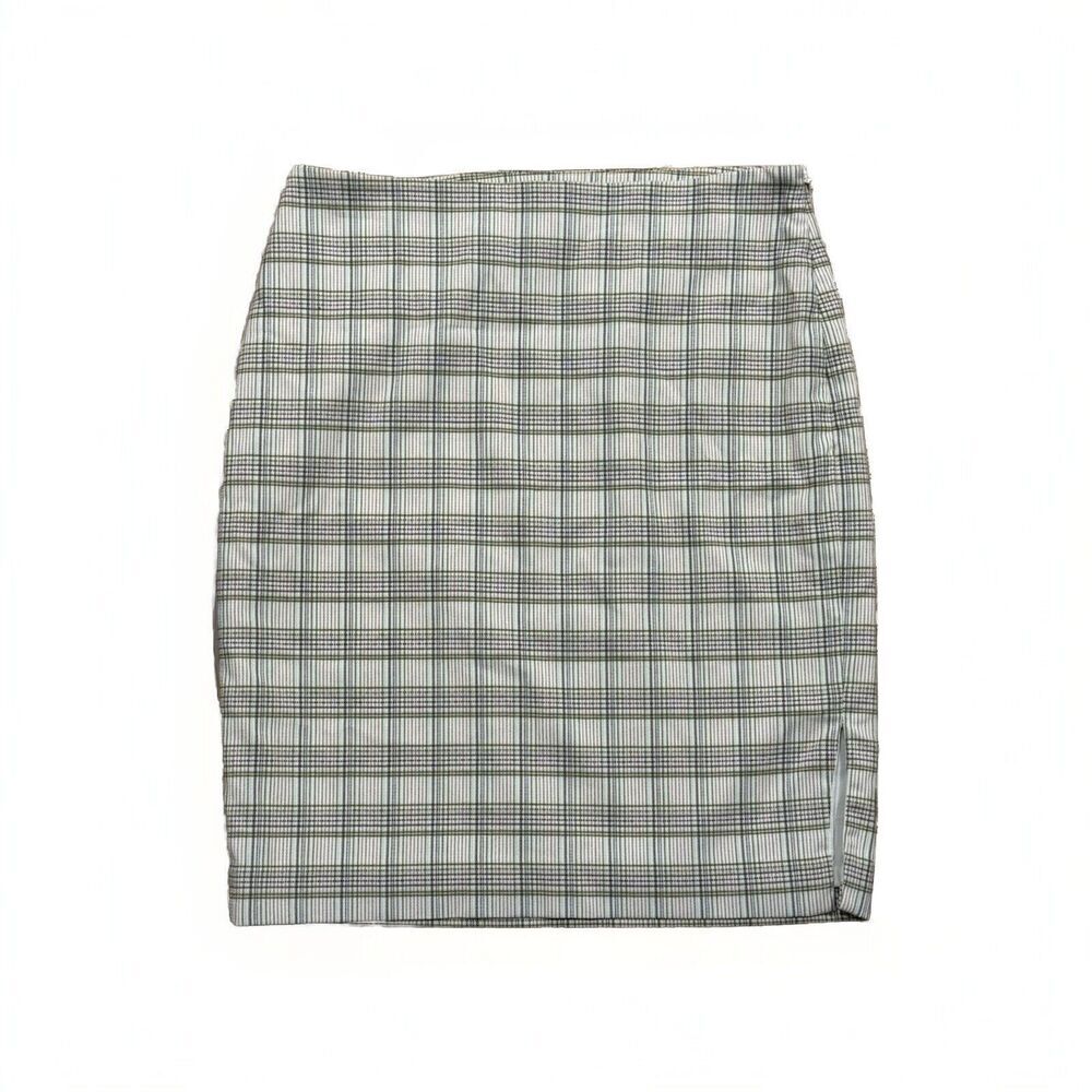 Ann Taylor Short Pencil Mini Skirt Womens 4P S Green Cream Plaid Lined Slit EUC